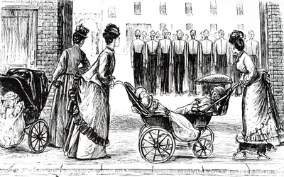 Un grabado que representa a niñeras empujando niños en cochecitos. Ilustrado por George du Maurier (1834-1896) un caricaturista y autor franco-británico
