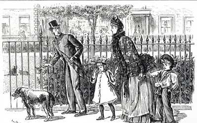 Caricatura que representa a una familia caminando por las calles del Londres victoriano