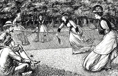 Dibujo que muestra un juego de tenis en césped