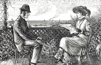 Caricatura que muestra a un esposo y una esposa - el esposo es responsable de las deudas de su esposa a menos que publique una revocación de sus responsabilidades