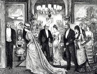 Caricatura que muestra una elegante velada en una casa victoriana