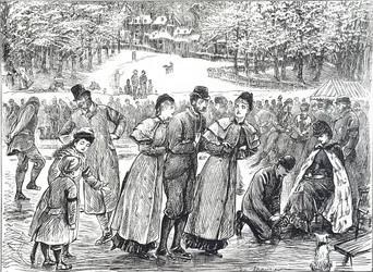 Caricatura que representa a patinadores patinando en un lago congelado