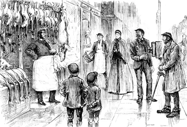 Grabado que representa a un carnicero y pollero siendo fotografiado frente a su exhibición navideña por George du Maurier. George du Maurier (1834-1896) un caricaturista y autor franco-británico. Fechado en el siglo XIX