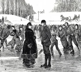 Grabado que muestra a una pareja de mediana edad patinando sobre hielo