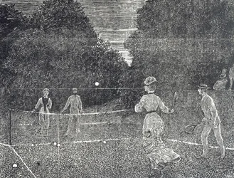 Grabado que muestra el uso de pintura de fósforo blanco recomendada para jugadores de tenis
