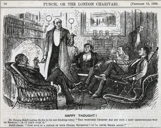 Caballeros reunidos en la sala de fumadores fumando sus cigarros después de la cena. Caricatura de George du Maurier para Punch, Londres 1886