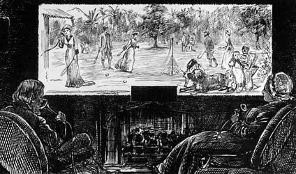 George du Maurier representando su visión de la aplicación del telefonoscope de Edison