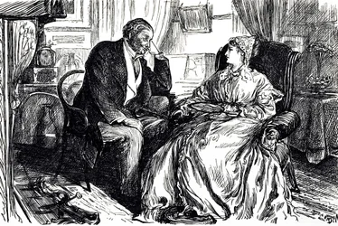 Caricatura de Georges du Maurier que ilustra a un hombre y una mujer conversando sobre los beneficios calmantes del aceite de hígado de bacalao. Inglaterra 1869