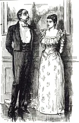 Caricatura de Georges du Maurier ilustrando a un hombre y una mujer conversando en un evento social, Inglaterra 1891