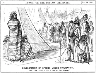 El viejo argumento evolutivo sobre la naturaleza o la crianza. Sería una persona valiente la que llegara a una conclusión con esta evidencia. Caricatura de George du Maurier de Punch, Londres
