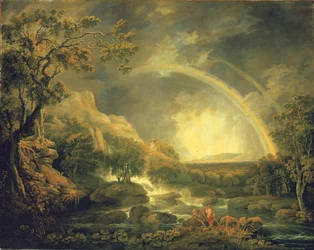 Paisaje fluvial boscoso extenso, con pescadores junto a un estanque debajo de una cascada y un arco iris