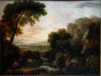 Paisaje italianizante con una vista caprichosa de Tívoli, un pastor y pastora y ganado