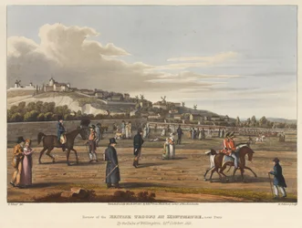 Revisión de las tropas británicas en Montmatre [sic], cerca de París, por el Duque de Wellington, 21 de octubre de 1815, grabado por M. Dubourg, 1819