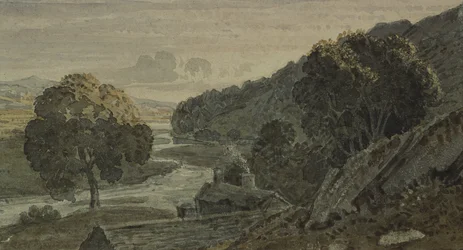 Tarde, paisaje, con cabaña y río
