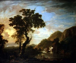 Paisaje fluvial arbolado con figuras en primer plano y cascada al fondo