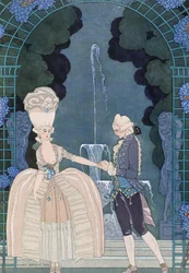 El amor bajo la fuente, ilustración para "Fetes Galantes" de Paul Verlaine (1844-96) 1928 (impresión en pochoir)