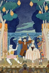 Escenario de la pantomima, ilustración para "Fetes Galantes" de Paul Verlaine (1844-96) 1924 (impresión en pochoir)