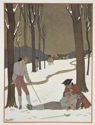 El duelo entre Valmont y Danceny, ilustración de "Les Liaisons Dangereuses" de Pierre Chodlerlos de Laclos (1741-1803) publicada en la década de 1920 (impresión en pochoir)