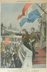 Desfile de corporaciones en La Haya ante la reina Guillermina de Holanda para celebrar su boda con el duque Enrique de Mecklemburgo, febrero de 1901 (litografía en color).