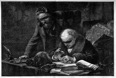 Un egiptólogo estudiando una pieza arqueológica de Egipto en su oficina. Grabado por Baude de una pintura de Moreau de Tours. Grabado en "Le Monde Illustré"