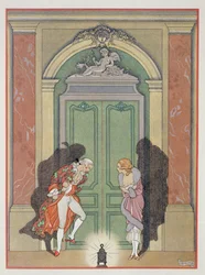 Una pareja a la luz de las velas, ilustración de "Les Liaisons Dangereuses" de Pierre Chodlerlos de Laclos (1741-1803) publicada en la década de 1920 (impresión en pochoir)