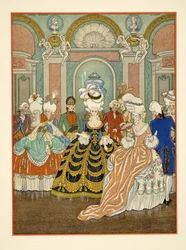 Escena de salón de baile, ilustración de "Les Liaisons Dangereuses" de Pierre Choderlos de Laclos (1741-1803) 1934 (impresión en pochoir)