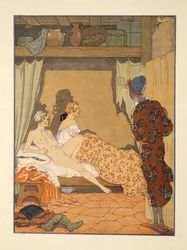 Escena de dormitorio, ilustración de "Les Liaisons Dangereuses" de Pierre Choderlos de Laclos (1741-1803) pub. 1934 (impresión en pochoir)