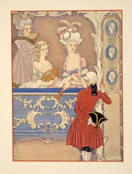 Cécile de Volanges y ; la marquesa Isabelle de Merteuil en el teatro, ilustración de "Les Liaisons Dangereuses" de Pierre Choderlos de Laclos (1741-1803) pub. 1934 (impresión en plantilla)