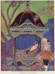 Princesa china recostada en un pabellón (litografía en color)
