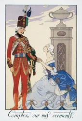 Comptez sur mes serments (Te seré fiel), húsar húngaro, litografía de George Barbier (1882-1932), de Falbalas et Fanfreluches, Almanach des Modes Presentes, Passees et Futures