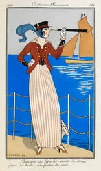 Costume de Yacht: veste de drap, jupe de toile, chapeau de cuir. Una mujer con un traje de yate: chaqueta de tela roja, falda de lino a rayas, sombrero de cuero y pañuelo azul. Está usando un telescopio, apuntando al barco del fondo. Trajes parisinos.