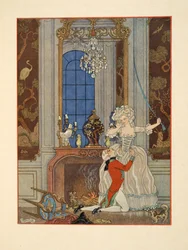 Danceny declarando su amor a Cecile, Ilustración de "Les Liaisons Dangereuses" de Pierre Choderlos de Laclos (1741-1803) pub. 1934 (impresión en pochoir)