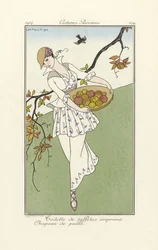 Vestido de día de Costumes Parisiens, pub. 1914 (impresión de pochoir)
