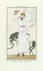 Diseño de vestido blanco con adornos rosas y cinturón de ganchillo, de Costumes Parisien, pub.1912 (impresión de pochoir)