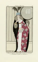 Diseño de vestido de crepé de chine y abrigo de piel, de Costumes Parisien, pub.1912 (impresión de pochoir)