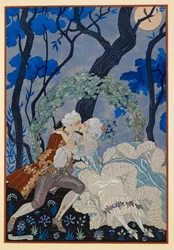 En Sourdine. Un hombre y una mujer besándose bajo la luz de la luna.