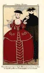 Disfraces según Longhi. Mujer con vestido de damasco ribeteado de blanco, capa de tafetán negro y encaje. Disfraces según Longhi: vestido de damasco ribeteado de blanco, sobre el que se echará una capa de tafetán negro y encaje. Pochoir coloreado a mano