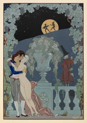 Fantoches. (Marionetas) de Fêtes Galantes, Scaramouche y Pulcinelle de Debussy. Hombre abrazando a una mujer desnuda. Dos figuras en silueta contra la luna.