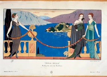 Placa de moda de Georges Barbier que representa a damas en traje de noche de Redfern y a la borromea Isola Bella en el fondo Revista parisina de alta costura Gazette du Bon Ton