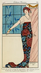 Gran vestido de noche, corsage de mousseline chair tunique de soie brodée dans la goÃ "t de la "Compagnie des Inden". Costumes Parisiens nº 69. Mujer con vestido de noche con corpiño de gasa y túnica de seda bordada. También lleva un pañuelo rojo