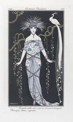 Gran vestido de noche en brocado plateado. Peluca azul, aigrettes, de Costumes Parisiens, pub.1914 (stencil print)
