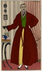 Hombre en bata. Ilustración de George Barbier (1882-1932), tomada del Journal des dames et des modes. París 1912-1914. The British Library Institution, Reference Shelfmark ID: P.P.5242.dc, pl.96, frente a la página 16. Hombre con vestimenta