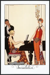 Incantación, pianista y mujer vestidos de noche, ilustración de Falbalas et Fanfreluches, Almanaque de 1923