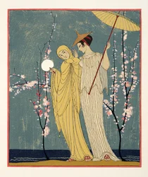 La Rencontre, ilustración de Les Chansons de Bilitis, de Pierre Louys, pub. 1922 (impresión en plantilla)