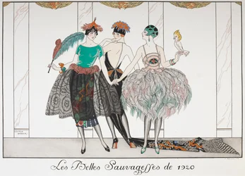 Les Belles Sauvagettes de 1920. Tres mujeres en fila con vestidos exóticos.