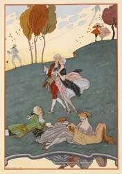 Les Ingenus. Varios hombres y mujeres. Un hombre volando una cometa. Un fauno.