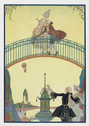 El amor en el puente, ilustración para "Fetes Galantes" de Paul Verlaine (1844-96) 1928 (impresión en pochoir)