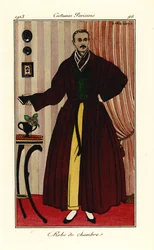 Hombre en bata sobre pantalón amarillo y chaleco verde. Robe de chambre. Grabado pochoir (stencil) coloreado a mano según una ilustración de George Barbier del Journal des Dames et des Modes de Tommaso Antongini, Aux Bureaux du Journal des Dames, París