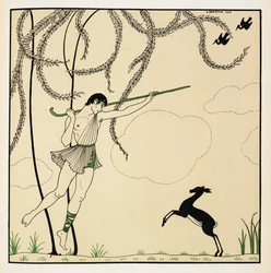 "Narcisse". Escena de Narcissse, un ballet clásico representado en un acto. Narcisse se estrenó en 1911 en Montecarlo. El niño está en el aire bailando, llevando un cayado de pastor, un cordero está de pie sobre sus patas traseras.
