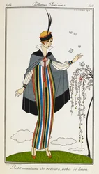 Pequeño manto de terciopelo, vestido de lino. Mujer con un pequeño manto de terciopelo, vestido de lino a rayas, zapatos naranjas con tira en T y un sombrero adornado de negro y rojo. Costumes Parisiens.